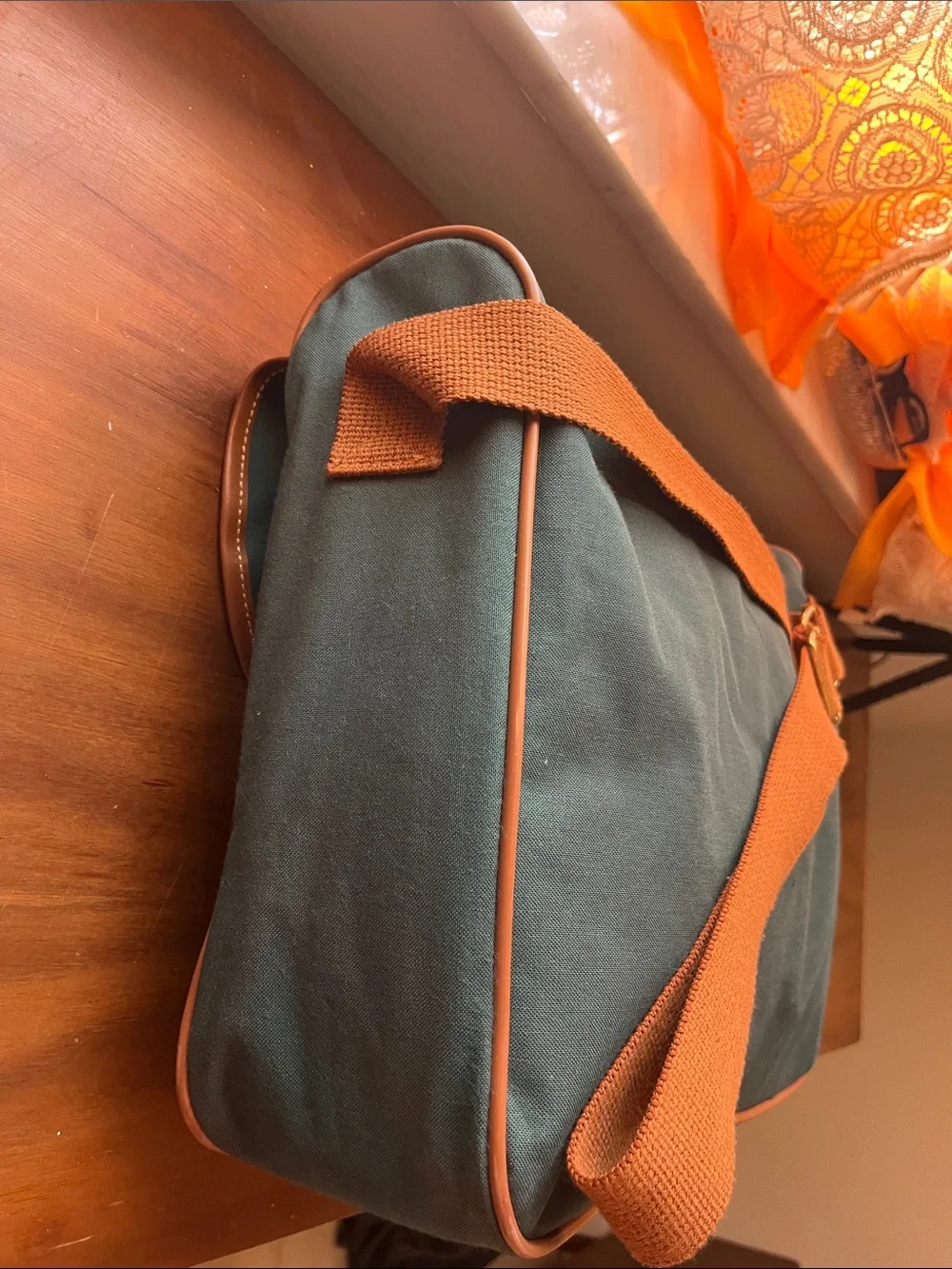 Polo by Ralph Lauren Green Canvas Messenger Bag with Brown Trim